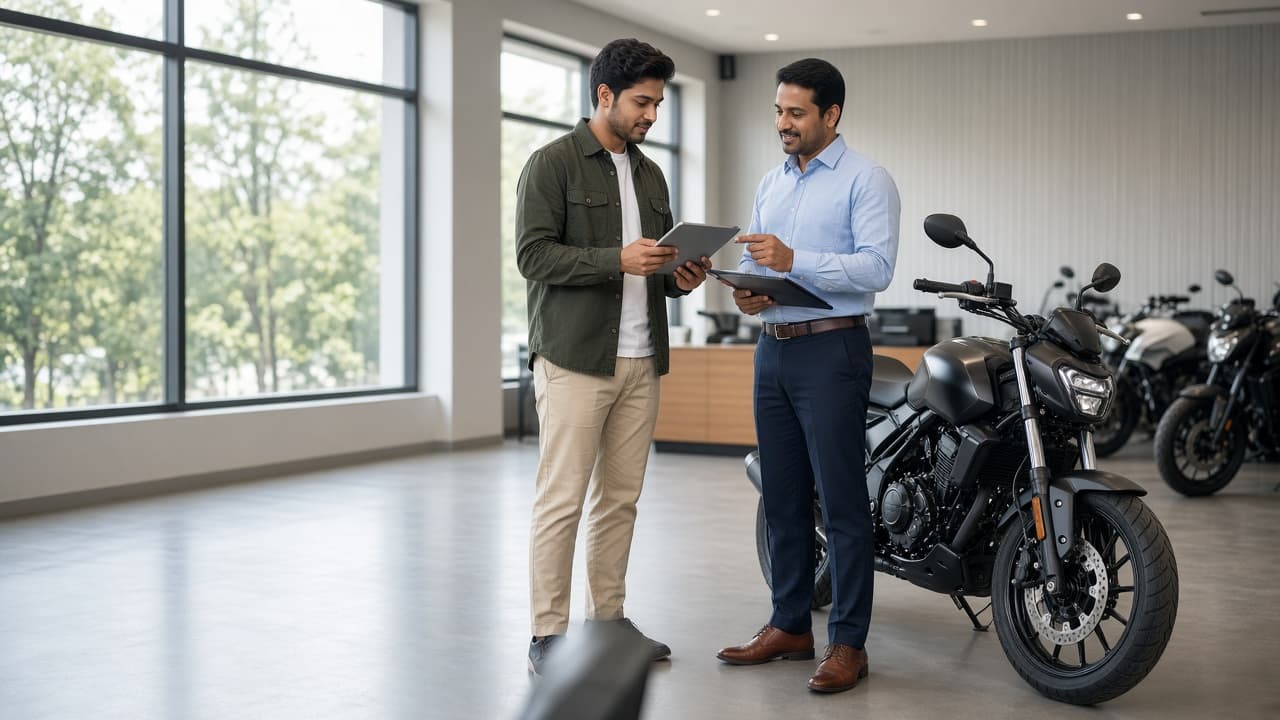 Customer discussing two-wheeler finance beside a motorcycle at a dealership